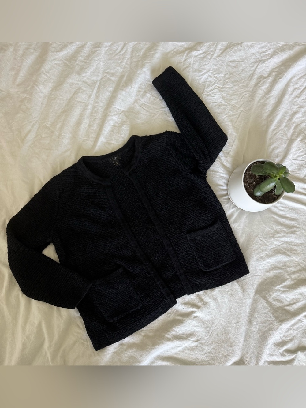 Ann Taylor Black Textured Open-Front Cardigan Jacket